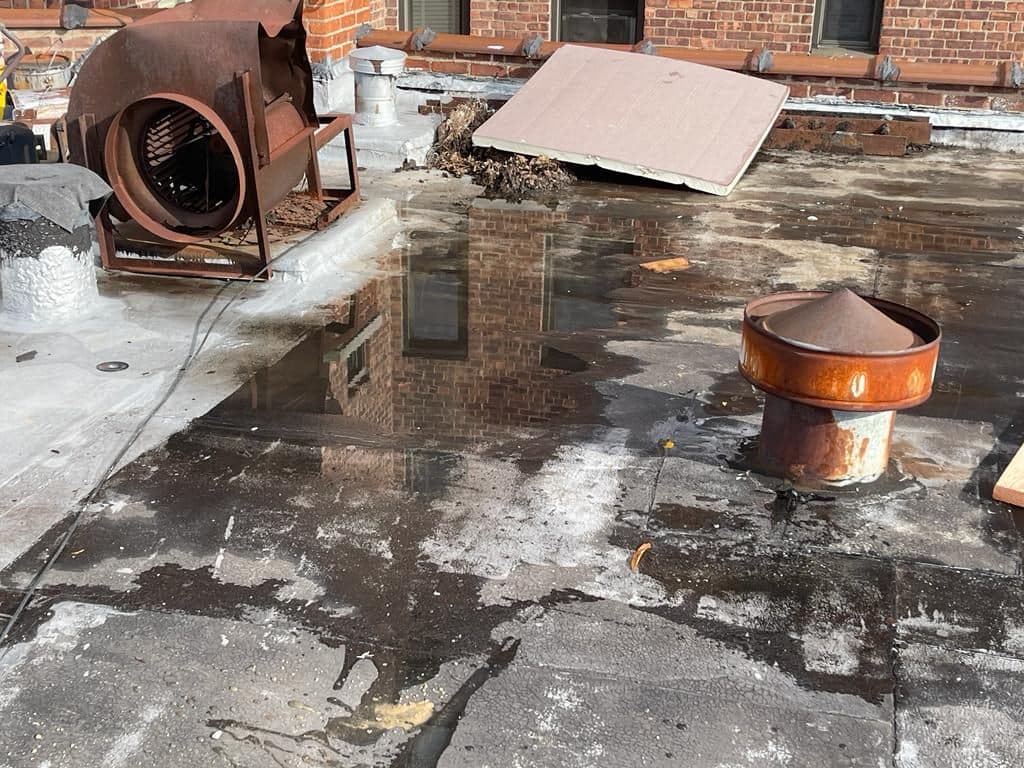 Water pooling on the old roof around the vents