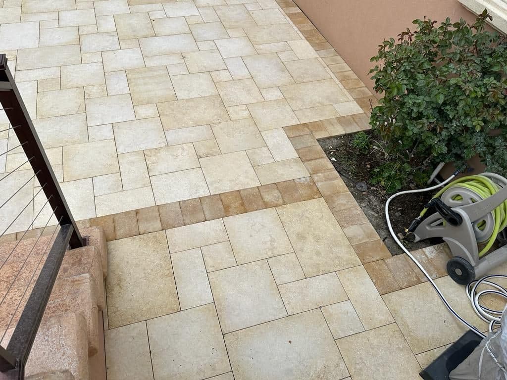 Stone border around a planting bed